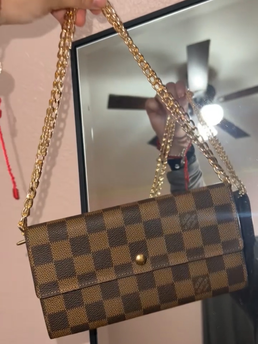 Louis Vuitton Brown Damier Sarah wallet with Gold Chain Strap